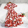 Party Dresses Sicilian 2024 Runway Flower Summer Dress Women Puff Sleeve Spaghetti Strap Red Rose Floral Print Sundress Fashion