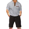 Herrspårar manliga sommar casual våffla kostym streetwear för man 2024 spårdräkt kort ärm lapel v-hals skjorta och shorts två bitar set