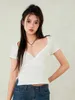 여자 T 셔츠 여름 슬림 크롭 탑 흰색 짧은 슬리브 v 넥 사이드 스플릿 티셔츠