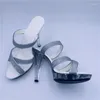 Scarpe da ballo 13 cm con tacchi alti sandali blu sexy per night club di modelli feste di palcoscenico trasparenti