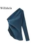 Willshela Women Fashion Satin Solid Solid Vintage vintage One-Shoulder Lun Long Neck Asimmetrical Neck Female Chic Lady Tops 240407