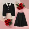 衣料品セット女の子の黒いブレザーの衣装ティーンエイジャースーツ学校の子供服赤ちゃん長いスカートセット子供衣装春6 7 8 10 12 13