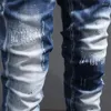 Men's Jeans High Street Fashion Split Vintage Washed Blue Elastic Slim Fit Designer Denim Pencil Pants Hombr