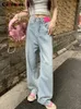 Jeans femininos YitimuCeng High Wistist para mulheres Fashion Wide Pants Lavadas de Streetwear vintage y2k jeans jeans completos