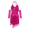 Cocktailklänningar solid färg halterneck glitter glittrande paljett tassel höft wrap bodycon svart klänning för kvinnor elegant 240416