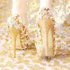 Dress Shoes 2024 Handmade Fashion Gold Wedding Genuine Leather Women Platform High Heels Rhinestone Bridal