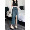 Skirts Retro Jeans Split For Women Pocket Mid-calf High Waist Denim Skirt A-line Korean Fashion Office Lady 2024 Summer