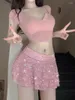 Kjolar 2024 vår sommar kvinnor rosa paljett multi lager ruffle kant ultra kort kjol sexig kryddig flicka mid stigande miniklubbkläder