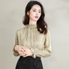 Women's Blouses Chinese Style Women Chic Slik Shirts Khaki Low-key Pattern Jacquard Tops Ruffle Collar Petal Cuff Design Basic Ladies
