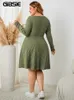 Gibsie Plus size SweetTheart Neck Knoop Front Aline Dres Fall Vintage Long Sleeve geribbelde gebreide Casual Winter Jurken 240411