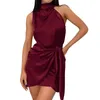 Casual jurken mode zomer satijnen mouwloze backless coltleneck stropdas taille wrap bodycon cocktail mini jurk vestido feminino