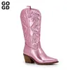 Fashion Cowboy Gogd 199 Kort ankel för kvinnor Chunky Heel Cowgirl broderad Mid Calf Western Boots 240407