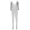 One-Piece Suits Womens Hollow Out Fishnet Bodysuit Lingerie Scoop Neck Long Sleeves Jumpsuit Crotchless Stretchy Fl Body Stocking For Otxce