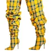 European and American Fashion PU Plaid Knee Length Slim High Heel Sleeve Boots, Women's Sexy Nightclub Stage Runway Boots