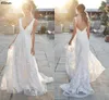 Abiti da sposa sexy a V CORCO BOHO Delicati abiti da sposa in pizzo a foglia lunghi lunghi abiti da sposa rustica senza maniche per campagna