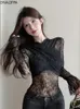 Camisetas femininas Onalippa Sexy Cross Chest Lace for Women Hollow Out Flare Sleeve Slimmation Korean High Street Slimming