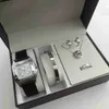 5st. Set mode kvinnliga smycken klockor damer klär vit läder kvarts titta på kvinnor zirkon halsband örhängen ring handled klocka panthere santo iced out watch watch