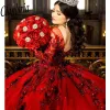 Robes quinceanera rouges robes de bal à manches longues paillettes perlé étincelants mexicains doux 16 robes 15 anos