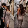 Shoulder Elegant One Evening Dresses Illusion Mermaid Prom Sequins Front Split Long Sleeves Party Dress For Special Ocns Custom Made