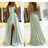Champagne Bury Elegant Bridesmaid Dresses A Line Spaghetti Front Split Long Maxi Maid Of Honor Gowns Wedding Guest Party Evening Dress