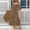 Abiti per feste vacanze Slash Neck Boho Beach Dress Sexy Off Spalla Stampa Floro Pieghe Elegante Manica a vita alta Long