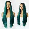 Long Dark Roots Green Mixed Color Ombre Two Tone Lace Front Synthetic Wigs Straight Heat Resistant Pre Plucked Wig With Baby Hair