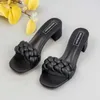 Slippers Heels Women Luxury Sandals 2024 Summer Square Heel 5cm Woman Sandal Solid Leather Weave Open Toe Fashion Designer Shoes H240416 V93B