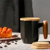 Kubki Projekt Prosty czarny ceramiczny kubek do kawy Creative drewniany okładka Puchar wody do prezentu biznesowego Nowoczesny styl