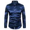 Мужские рубашки для мужских шелк Silk Satin Plome Solid Puxedo Business Shirt Casual Slim Fit Shiny Gold Wedding Blounes