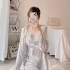 Kadınların Pijama 3012-2French Court Style Nightdress Buz İpek Saten Uzun Kollu Elbise Dant Prenses Diz Pijamalar Artı Boyut