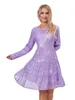 Casual Dresses Women s paljett miniklänning glitter långärmad solid färg tiered lös babydoll