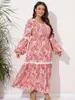 Casual Dresses Women Plus Size Size Ethnic Print Chubby Girl Dress Patchwork V-ringning