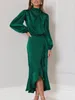 Casual Dresses Elegant Party for Women's Luxury Slim Split Long Sleeve Midi Dress with Ruffles Vintage Solid Satin Oregelbunden 3005