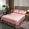 Korean Luxury Washed Ice Silk 4pc Set Pure Color Spring And Summer Silky Nude Sleeping Pillowcase Lace Quilt Cover Bed Skirt 240403