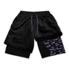 Anime gym shorts män fitness manga tryck 2 i 1 kompression prestanda mesh snabb torr dubbel lager korta byxor sommar 240411