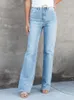 Kvinnors jeans 2024 Summer Fashion Casual Vintage Crop Office Lady High midja Simple Fit Straight Blue Pants for Women