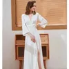 Women's Sleepwear 40010-2Lace Long Dressing Robe Draped Satin Solid Color Beautiful Back Hollow Out Sexy Nightgown French Pajamas