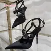 Sandálias pontástica de metal nó estiletto salto slingback slingback feminino tira t-sheft de cetim preto de cetim de cetim sapatos de luxo sexy