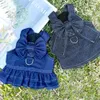 Summer Dog Denim Dress Harness Cute Bow Puppy Shirt Cat Jeans Vest Harness Pet Clothes Outdoor Walking Bröstband med D-ring 240416