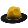 Bérets Gradient Tie Tyded Women Unisexe Panama Wool Felt Fedora Hats Mesdames Wide Brim Party trilby Cowboy Hat Fashion Jazz Cap Gold Belt