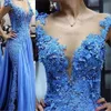 Appliques blu in pizzo Madre della sposa Dresses Illusion Pearls perline formale Madrina Evening per la festa di nozze abiti Plus