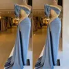 Satin Silk Evening Dresses Gold Appliques Puff Sleeve Mermaid Prom Gowns Slim Side Split Red Carpet Fashion Party Dresses BC18148