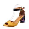 Sandals Fashion Women Yellow Flock Flower Color High Heels Female Pumps Peep Toe Ankle Strap Platform Shoes Summer 2024