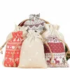 50pcs por atacado Merry Christmas Linen Pano Sacos de cordão 10*14cm, 13*18 cm de armazenamento pequeno bolsa de bolso Favores de festa x9pq#