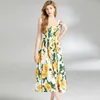 Casual jurken Franse vrouwen met een enkele borsten bloem print gele vakantie midi jurk 2024 zomer spaghetti riem sexy backless boho vestidos