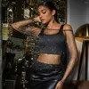 Women's Tanks Fu Rui 2024 Autumn/Winter Sexy Black One Line Neck Grid Diamond Long Sleeved Dress Nightclub Party Top Wholesal