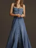 Fashion Women Denim Tank Dress Vintage Square Collar Waisted Sundress Summer Buttons Maxi Dress Holiday Solid Robes 240408