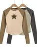 Women's T Shirts American Retro Five Pointed Star Color Matching Brodered Patch Long-Sleeve T-shirt Slim Fit Looking All-Match Crop Top