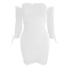 Casual Dresses 2024 Sexy White Mini Dress Women Off Shoulder Pleated Stacked Skinny Ladies Party Club Outfits Long Sleeve Summer Robes