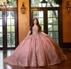 Rosa rosa lucido fuori spalla da palla abito Quinceanera Abiti 2024 Sweet 16 Princess Gold Appliqued Lace Party Gowns Vestido de 15 Anos